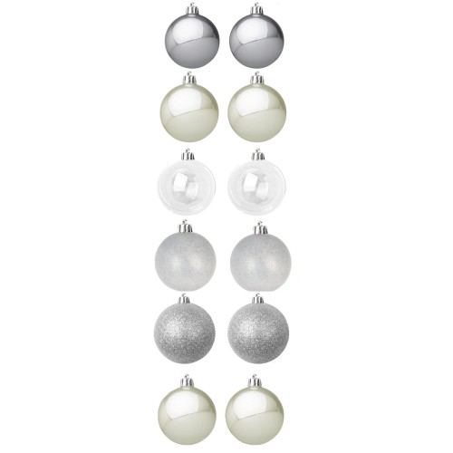 Set 12 Palline In Plastica 6 cm Varie Tonalità Di Argento Varie Fantasie Con Laccetti Inclusi  