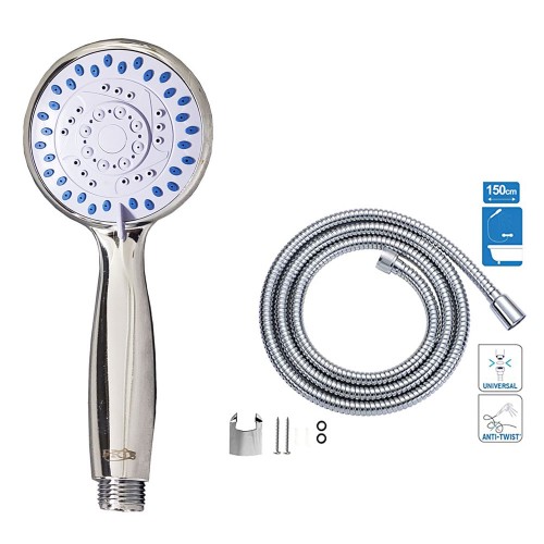 KIT SOFFIONE DOCCIA INOX CON TUBO FLESSIBILE 1,5MT E SUPPORTO A MURO GETTO REGOLABILE FINITURA CROMATA DIMENSIONE 20cm DIAMETRO 9cm cod. 0495