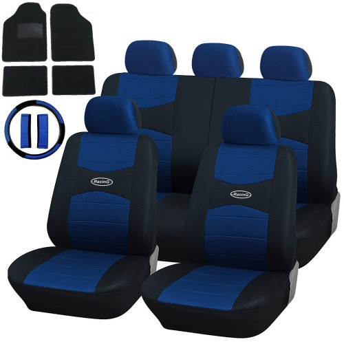 Coprisedili Con Coprivolante, 2 Copricinture E Tappetini In Moquette Nera: Azzurro - Nero