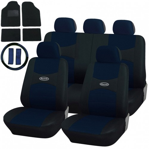 Coprisedili Con Coprivolante, 2 Copricinture E Tappetini In Moquette Nera: Blu - Nero