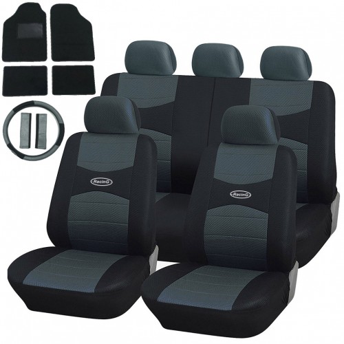 Coprisedili Con Coprivolante, 2 Copricinture E Tappetini In Moquette Nera: Grigio - Nero Coprisedili Con Coprivolante, 2 Copricinture E Tappetini In Moquette Nera: Grigio - Nero