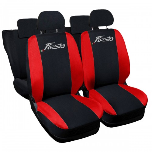 Copri sedili Auto Compatibili Fiesta Hybrid 2021 Nero Rosso| Set Copri-Sedile Anteriori e Posteriori | Logo Ricamato | Airbag | Accessori Auto Interno